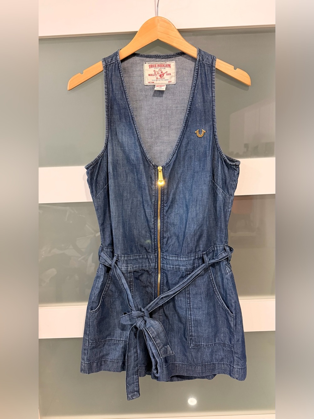 True Religion Blue Denim Zip-Front Romper Y2K